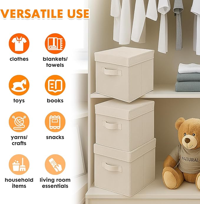 ShellKingdom Storage Bins, Foldable Fabric Storage Cubes with Lid, Clothes Storage Organizer Drawer For Closet Toys Storage, 13 X 13 X 13 INCH, 2 Pack (Beige)