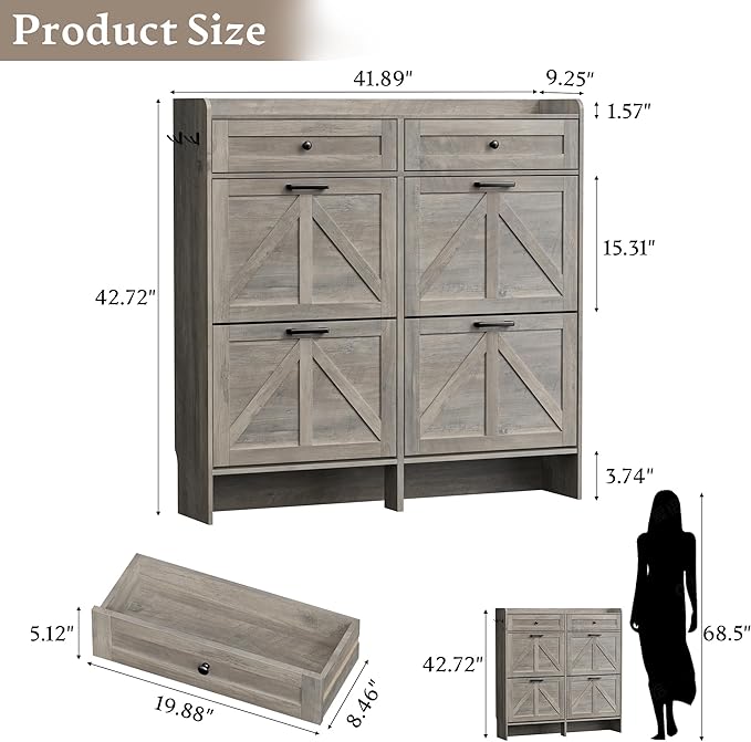BORNOON Shoe Storage Cabinet for Entryway, Farmhouse Wide Shoe Cabinet with 4 Flip Drawers and 2 Top Drawers, Freestanding Organizer with Adjustable Shelves, Hooks, and Anti-Tip Kit for Hallway