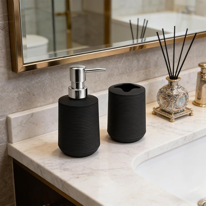 Bathroom Accessories Set, Bathroom Soap Dispenser & Toothbrush Holder Set, 2Pcs High Capacity Bathroom Set in Black, Minimalist Boho Style for Clutter-Free Bathroom