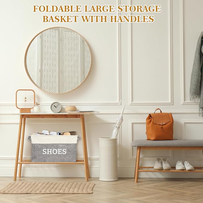 Lukeline Fabric Shoe Basket for Entryway, Hallway or Mudroom - Flodable Space-Saving Storage Bin for Closet, Decorative Home Decor (Large)