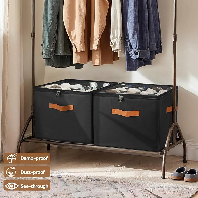2 Pack Shoe Organizer for Closet, Foldable Shoe Storage Bins with Clear Cover and Adjustable Dividers, Fits up to 16 Pairs, Large Shoe Box Storage Containers with Reinforced Handles (Black)