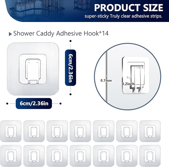 HOREAKHJ Shower Caddy Adhesive Replacement Hooks, Strong Waterproof Strips, No Drilling for Bathroom Shelves, Kitchen Racks, and Soap Holders (Transparent-14 Pack 1Hook)