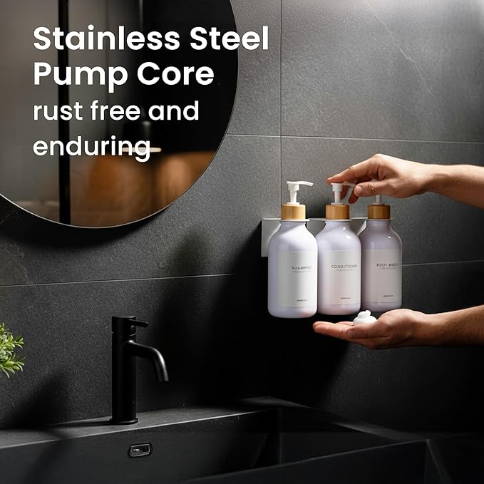 MaisoNovo Shampoo and Conditioner Dispenser - Shower Soap Dispenser Wall Mounted - 16.9 fl oz Set of 3 White Plastic Bottles Bamboo Pump - 3 Chamber No Drill
