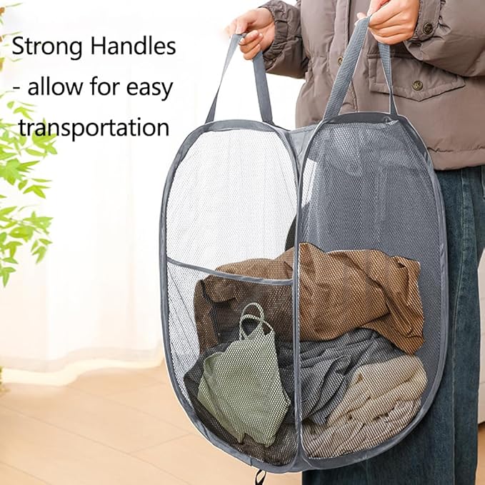2 Pack Pop Up Laundry Hamper, Collapsible Laundry Baskets, Foldable Mesh Laundry Baskets Storage Bins Large Top Opening for Bedroom, College Dorm, Travel (Grey)