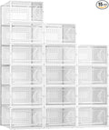 Kuject 15 Pack Shoe Storage Boxes, Large Clear Plastic Stackable Shoe Organizer for Closet, Connect Left and Right Shoe Boxes Case Container Bin for Entryway, Drop Front, Fit for Size 10(White)