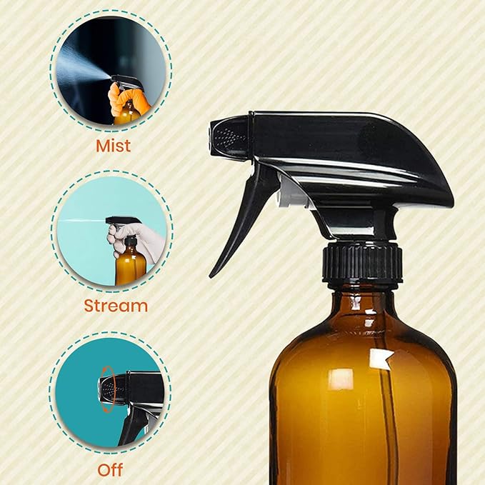 Homeries Amber Glass Spray Bottles For Cleaning Solutions (4 Pack) - 16 Ounce, Refillable Sprayer for Essential Oil, Water, Kitchen, Hair. Durable Black Trigger Sprayer w/Mist and Stream Settings