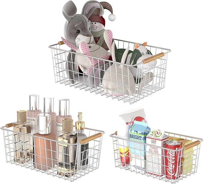 3 Pack Wire Storage Baskets for Organizing,Household Pantry Storage Freezer Baskets with Wooden Handles,Metal Storage Baskets for Bathroom, Laundry, Garage，Sliver