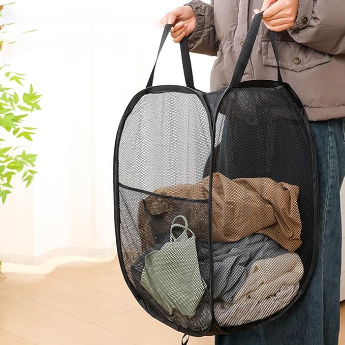 Pop Up Laundry Hamper Pack of 2 Mesh Collapsible Laudry Baskets with Side Pocket and Handles, Easy to Carry for Cruise, Home, Dorms, Laundry Room (Black+Rose red)