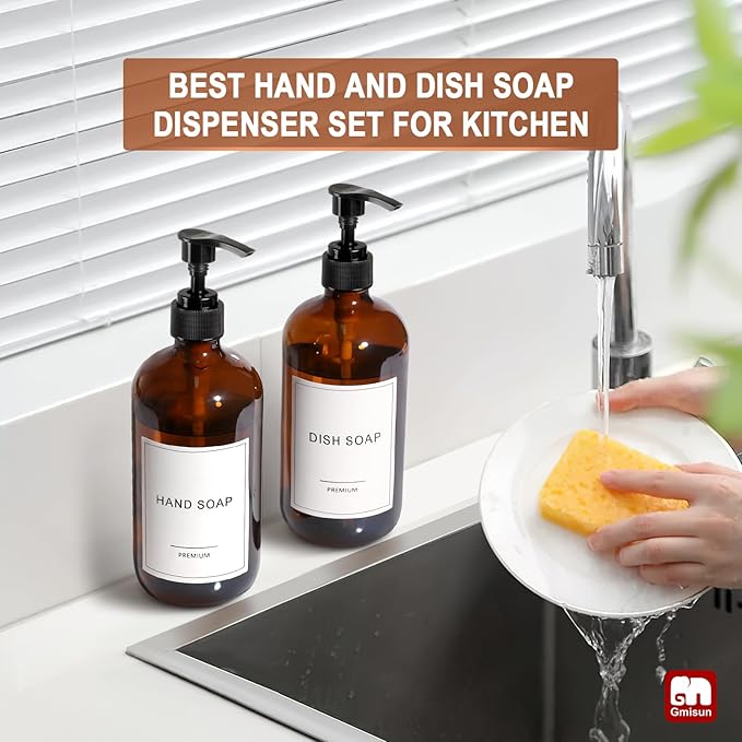 GMISUN Amber Glass Soap Dispenser, 2 Pack Bathroom Hand Soap Dispensers with Plastic Pump, 17 Fl Oz Kitchen Hand and Dish Soap Dispenser Set, Modern Vintage Liquid Brown Soap Dispensers Bottle