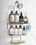 Shower Caddy Hanging - Never Rust Shower Hanging Organizer - Aluminum Over the ShowerHead Caddy with Soap Basket and 6 Hooks for Razor/Sponge (Frosted Silver)