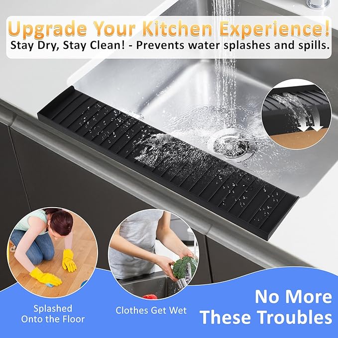 Sink Edge Protector with Suction Cup 4"x14", Silicone Sink Splash Guard for Kitchen & Bathroom, Protect Countertop from Scratches, Stains, for Stainless Steel Granite Quartz-Black
