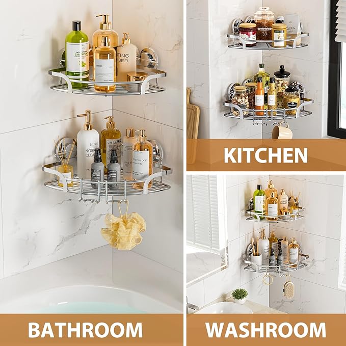 LEVERLOC 2 Pack Powerful Suction Cup Corner Shower Caddy, Stainless Steel Rustproof Shower Shelf with Hooks, Drill-Free Wall Mounted Bathroom Organizer, Large Capacity Removable Suction Basket, Silver