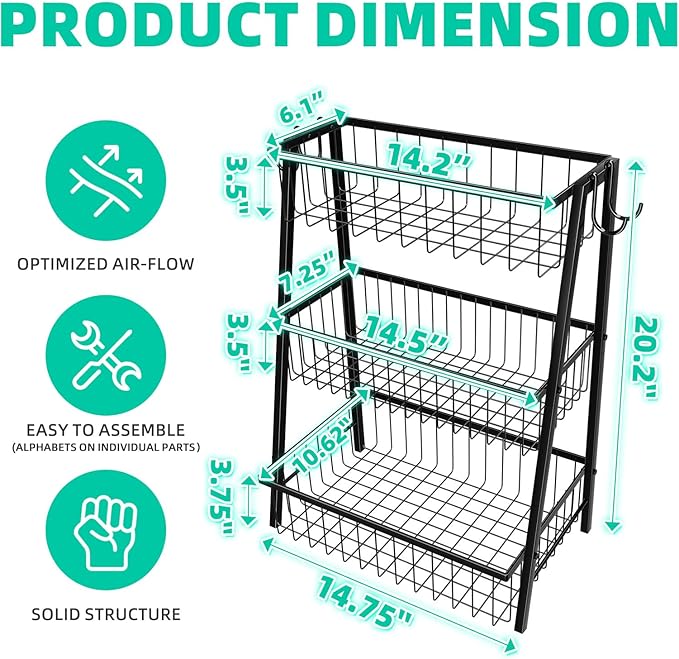 Simple Trending 3-Tier Trapezoidal Fruit Basket with 4 Banana Hooks, Extra Large Metal Wire Kitchen Organizer for Countertop - Rust-Proof for Fruits, Vegetables, Snacks, Bread Storage, Black