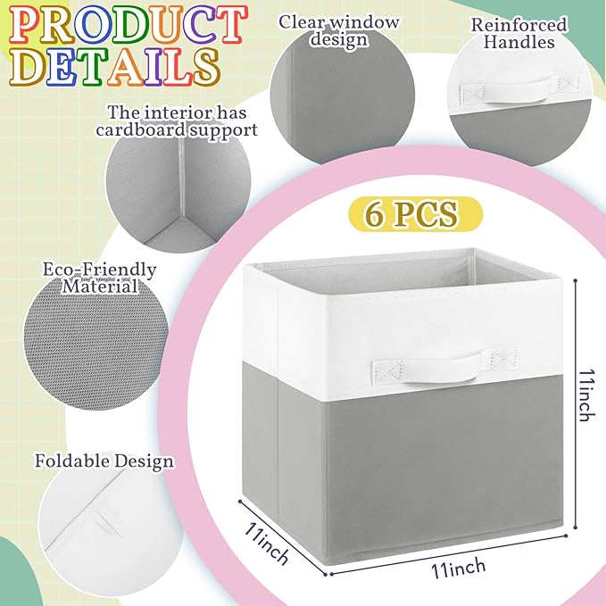 Yinder 6 Pcs Cube Storage Bin 11'' Storage Bins for Room Decor Colorful Bins Foldable Baskets for Nursery Organizer Boxes Fabric Boxes (White Gray)