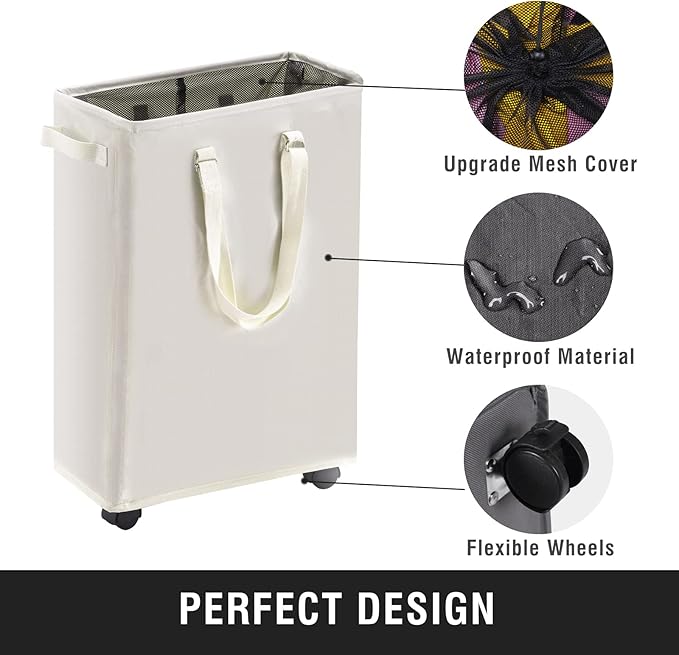 Slim Rolling Laundry Basket, Slim Laundry Hamper with Wheels and Adjustable Long Handles, 45L Small Laundry Baskets with Mesh Top for Bedroom, Closet, and Bathroom - Beige