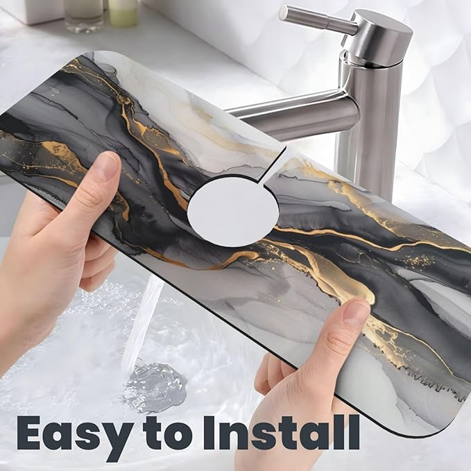 Faucet Draining Mat For Kitchen Sink, Black And Gold Marble Diatom Mud Absorbent Drain Pad For Bathroom Kitchen Sink Splash Guard Drying Mat