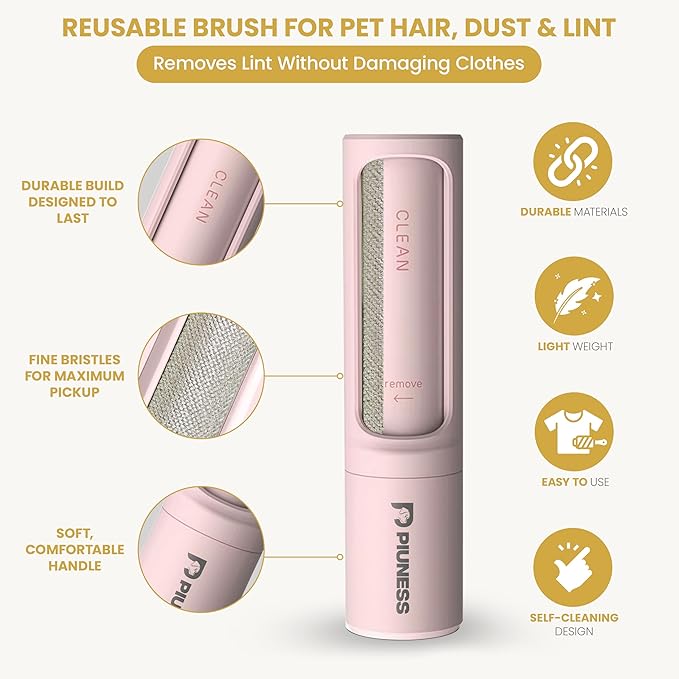 PIUNESS Pet Hair Remover Roller – Reusable Lint Roller for Cat & Dog Hair on Furniture, Couch, Carpet, Car & Bedding – Portable, Eco-Friendly