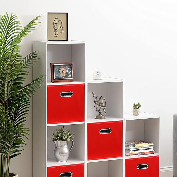 Fabric Cloth Storage Bins,Fabric Cube Bins Organizer with Dual Handles Foldable Cube Storage Baskets for Home Bedroom Storage,Set of 3,(Red)