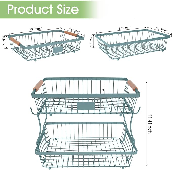 Fruit Basket Bowl 2 Tier Detachable with 2 Banana Hangers, Fruit Stand Holder for Kitchen Countertop, Metal Wire Vegetable Storage Organizer, for Bread Snack Veggies Produce, blue