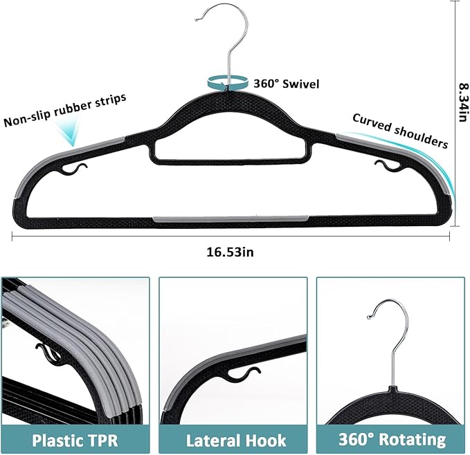 LMTrystFit 50 Pack Coat Hangers, Space-Saving, Non-Slip, Sturdy Heavy Duty Hangers for Suit, 0.2 Inches Slim Plastic Clothes Hangers, 360° Swivel Hook for Suit/Clothes, Black and Dark Gray