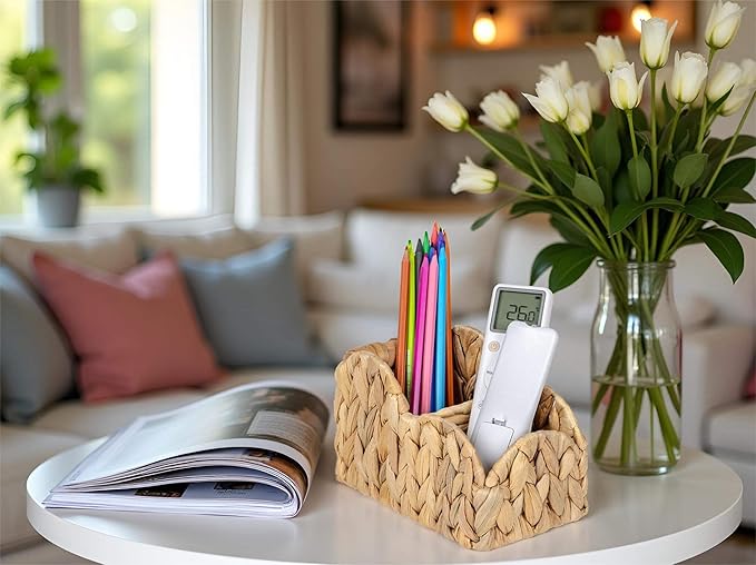 Kriitools Scalloped TV Remote Control Holder Bedside Organizer, Office Desk Caddy Storage Organizer Accessories, Pen Pencil Cup, Makeup Brush Holder, Farmhouse Rustic Decor Organizer Holder, Natural