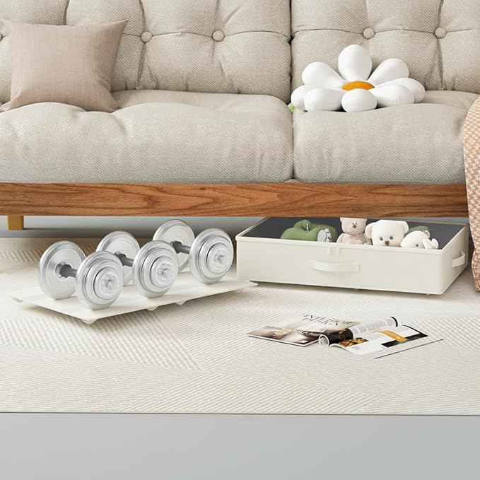 EE-RoomWorld Under Bed Storage with Wheels, No Assemble Required 5.5 inches height beige under bed storage bins,Low Profile Rolling Underbed Shoe Storage containers，dorm underbed storage drawers