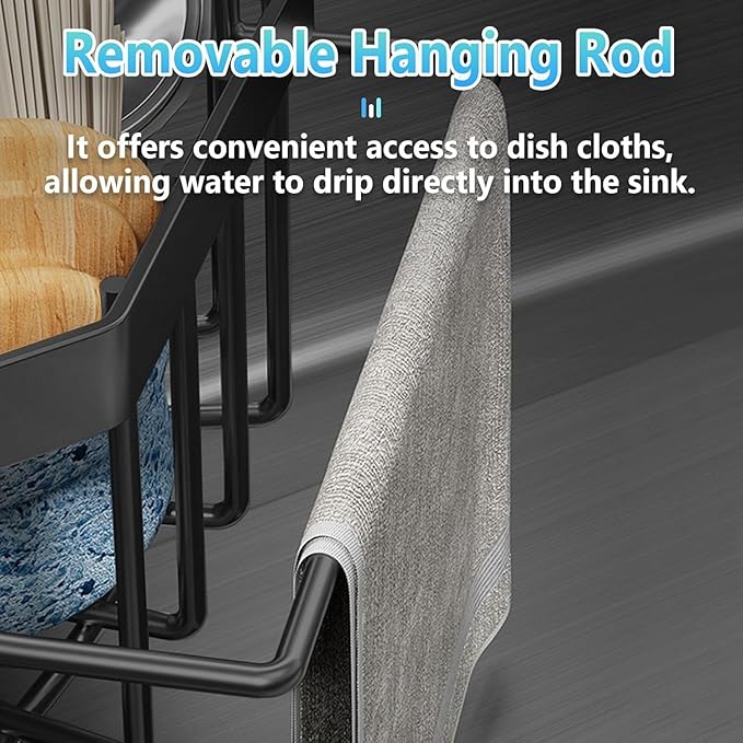 Corner Sink Sponge Drying Rack with Towel Bar, Black Stainless Steel, Multipurpose Kitchen Organizer, Self-Adhesive Installation
