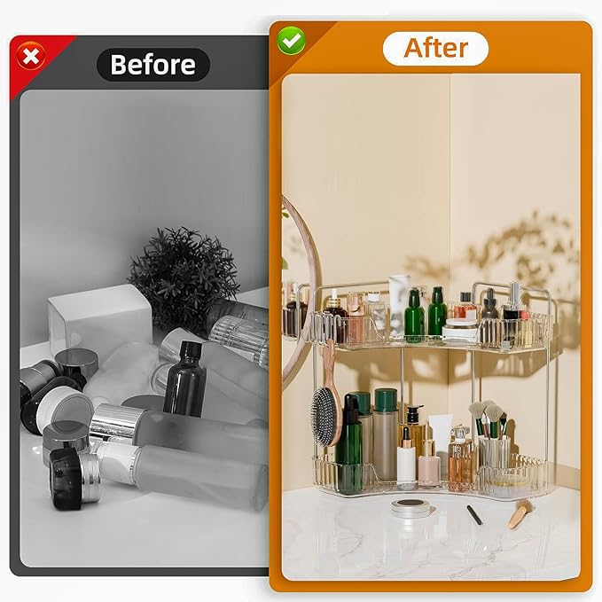 Corner Bathroom Counter Organizer 2 Tier Bathroom Organizers and Storage Countertop with Hooks Skin Care Exquisite Vanity Organizer Countertop Bathroom Storage Dresser, Kitchen-Clear