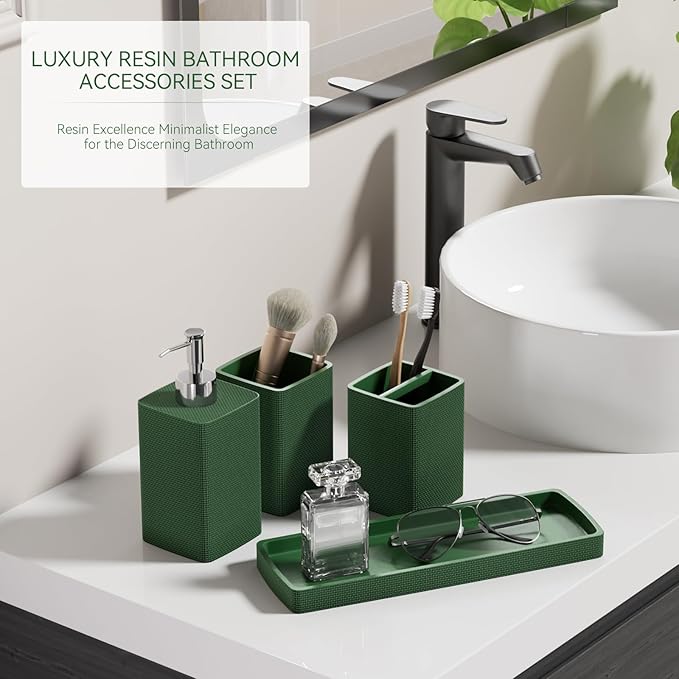 Resin Green Bathroom Set, Dark Green Bathroom Accessories Set with Shower Curtain, Bath Towel Sets, Natural Loofah Sponge, Soap Dispenser, Toothbrush Holder, Bathroom Tumbler and Tray for Bathroom