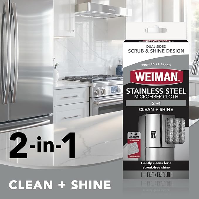 Weiman Microfiber Cloth for Stainless Steel - Safely Traps and Removes Dirt, Oil and Grime to Protect From Scratches 1.40" x 3.56"