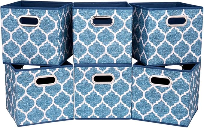 Square Fabric Cube Storage Bins 10.5x10.5 x 11In Blue Cloth Storage Cubes Baskets Foldable Storage Boxes Decorative Cubicle Strorage Inserts Cubes Drawer Organizer Closet,QY-SC09-6