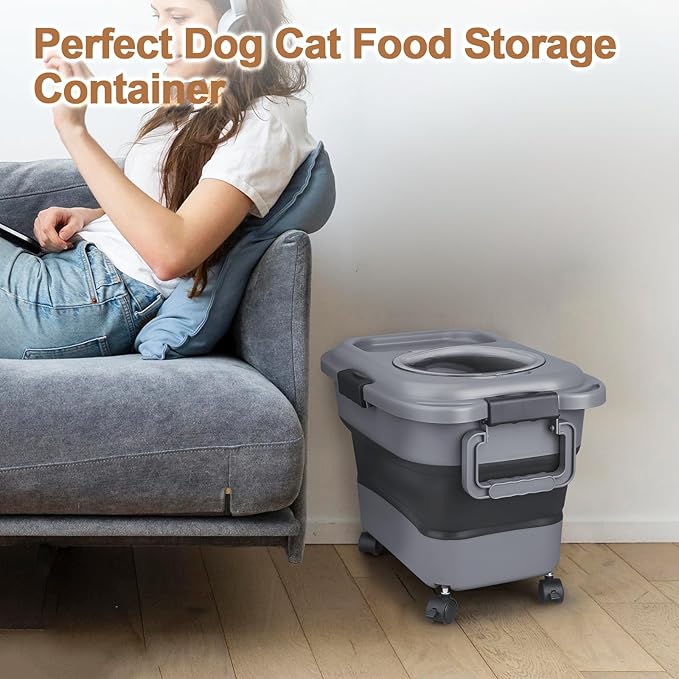 Dog Food Storage Container，10-25 lbs Airtight Collapsible Cat Food Storage Container with Attachable Wheels, Portable Handle, Dog Food Scoop for Dog Cat Bird Pet Dry Food Storage Bin Dark Grey