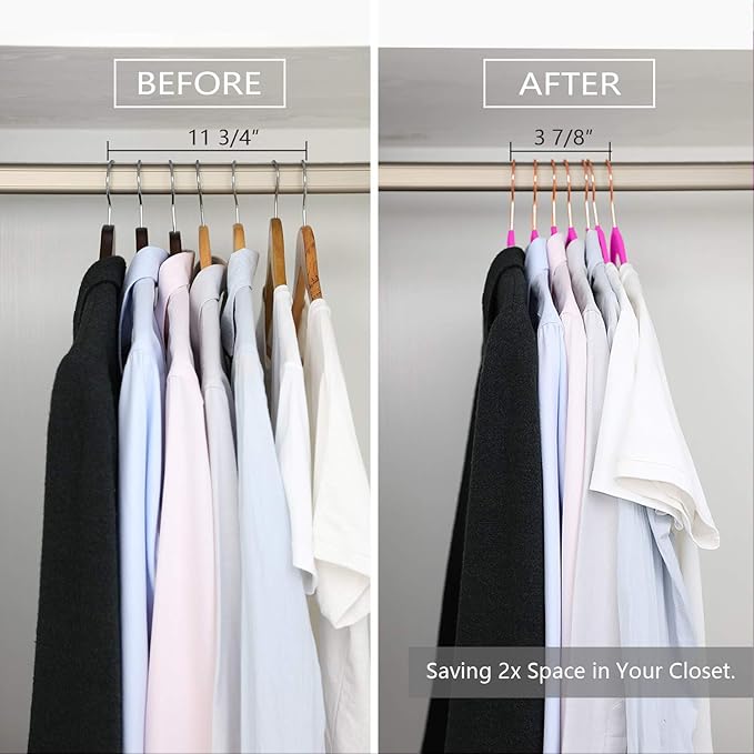 MIZGI Premium Velvet Hangers (Pack of 50) Heavyduty - Non Slip - Velvet Suit Hangers Pink - Copper/Rose Gold Hooks,Space Saving Clothes Hangers