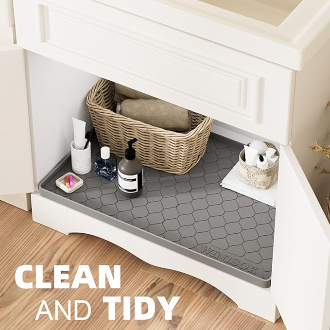 Silicone Under Sink Mat 34" x 19", kitchen Essentials and Gadgets, Shelf liner and Cabinet Protector, Home Organizers and Storage, Waterproof Bathroom Tray