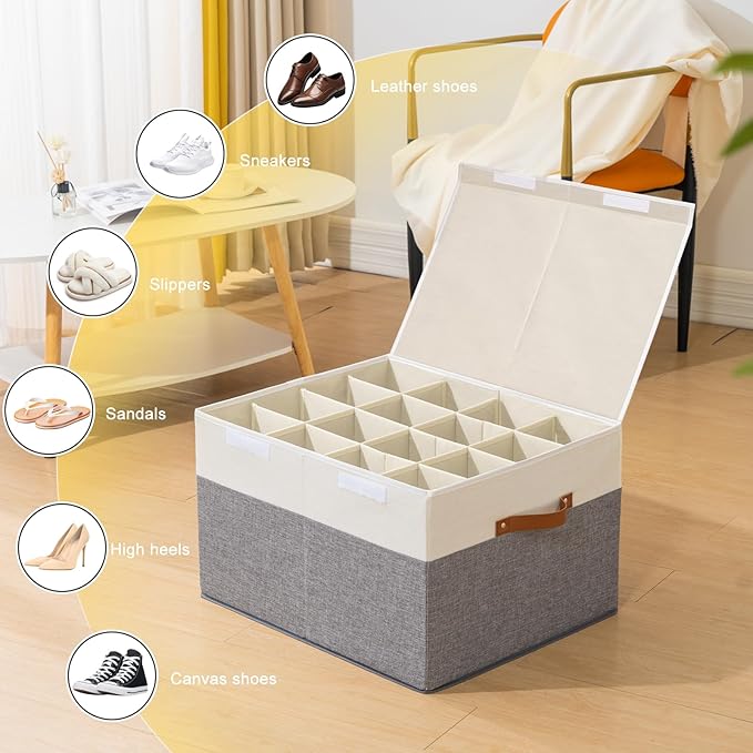 Shoe Storage Box for Closet Fits 16 Pairs, Large Shoe Organizer Box Bin Containers with Lid and Adjustable Dividers for Sandals, High Heels, Sneakers (Grey and White)