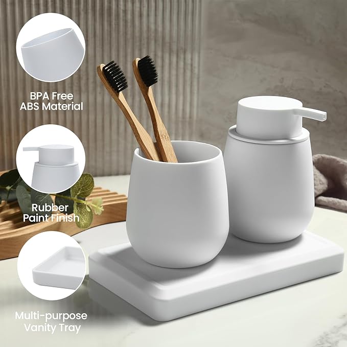 Bathroom Accessories Set, Modern 3 Pcs Bathroom Essentials - Soap Dispenser, Toothbrush Holder & Tray, Countertop Vanity Organizer (White)