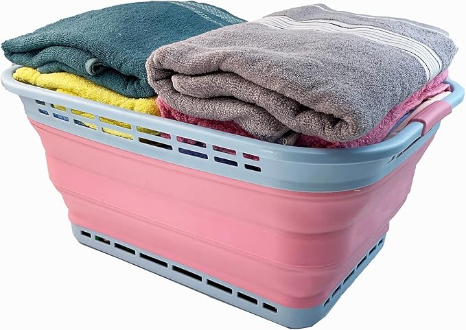 SAMMART 42L (11 Gallons) Collapsible Plastic Laundry Basket - Foldable Pop Up Storage Container/Organizer - Portable Washing Tub - Space Saving Hamper[BPA Free] (Cool Blue/Maglia Rosa (Set of 2))