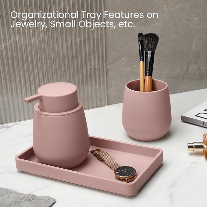 Bathroom Accessories Set, Modern 3 Pcs Bathroom Essentials - Soap Dispenser, Toothbrush Holder & Tray, Countertop Vanity Organizer (Pink)
