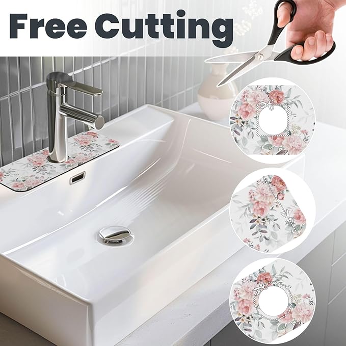 Peony Peonies Pink Flowers Leaves Watercolor Floral Kitchen Sink Splash Guard Faucet Mat Super Absorbent Fast Drying Mat Sink Gadgets-Fast Drying Pad Sink Mat For Kitchen Bathroom (15" X 5.5" )