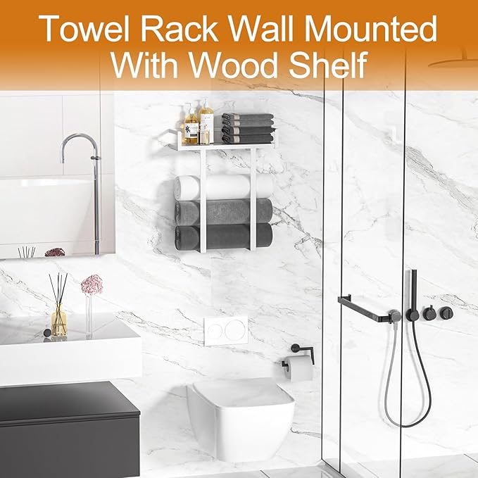 Towel Racks for Bathroom Wall Mounted, Xstydes Metal Towel Holder with Wooden Shelf for Folding Large Towels, Towel Storage for Small Bathroom Organizer Decor or RV Camping,White
