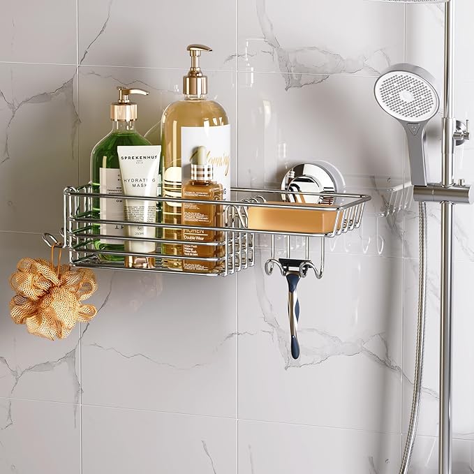 LEVERLOC Shower Caddy Suction Cup, Organizer with Hooks & Soap Holder for Inside Shower, Removable Bathroom Shelf