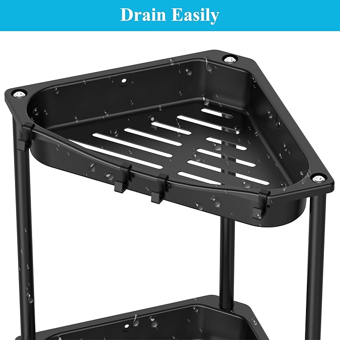 4 Tier Floor Standing Corner Shower Caddy Organizer Shelf with Hooks, Bathroom Shelves Stand Rack, Jet Black