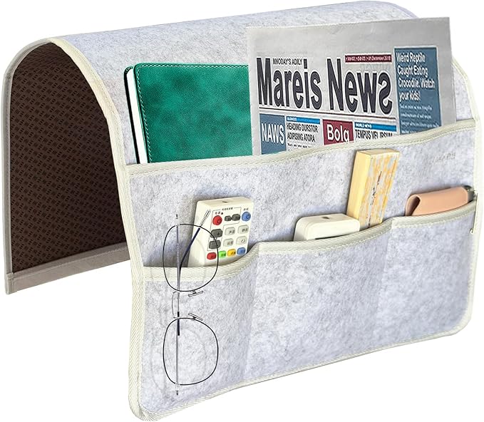 Sofa Armrest Caddy, Armchair Caddy for Recliner, Couch Organizer, Bedside Organizer, Remote Holder with Silicone Non-slip Design,4 Pockets for Magazine, Notepad,Phone, Ipad, Glasses (Light Grey-1)