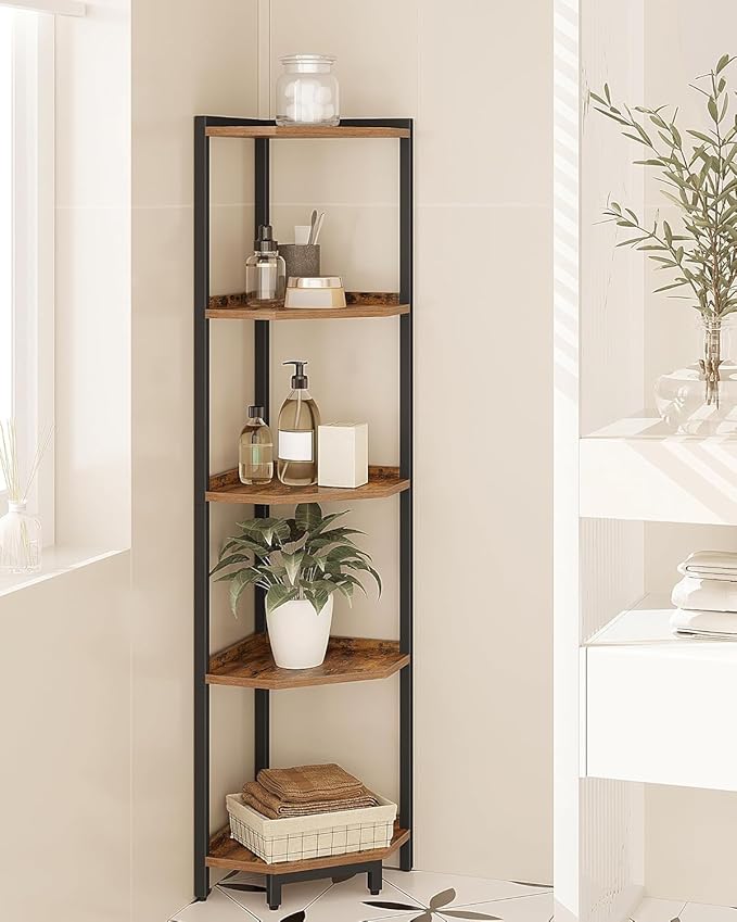 Corner Shelf Stand, Corner Bookshelf, Storage Standing Shelf Unit with Metal Frame, Plant Stand, Bookcase for Living Room, Home Office, Bedroom, 5-Tier Rustic Brown CS05901B