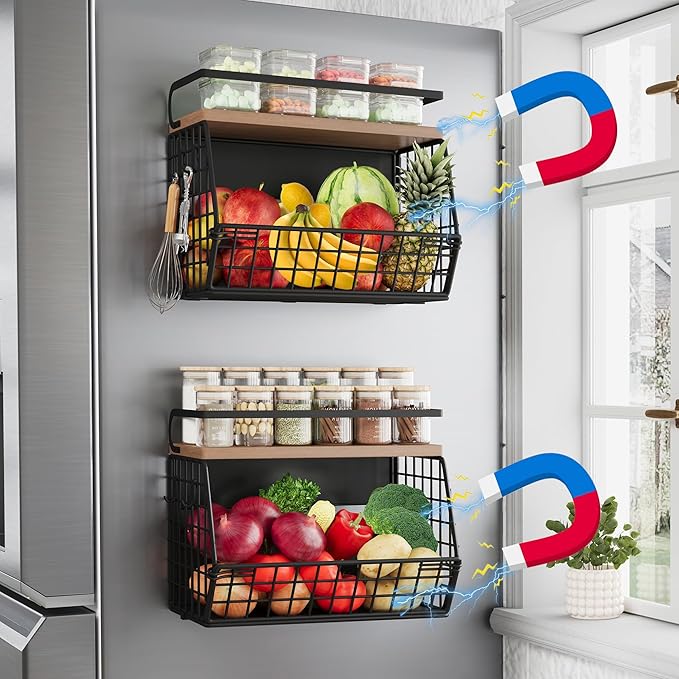 Fruit Basket 2 IN 1 Magnetic & Hanging Wall Produce Basket with Spice Rack for Potato and Onion Storage for Pantry,Kitchen Countertop and Fridge Organizer 2 PCS