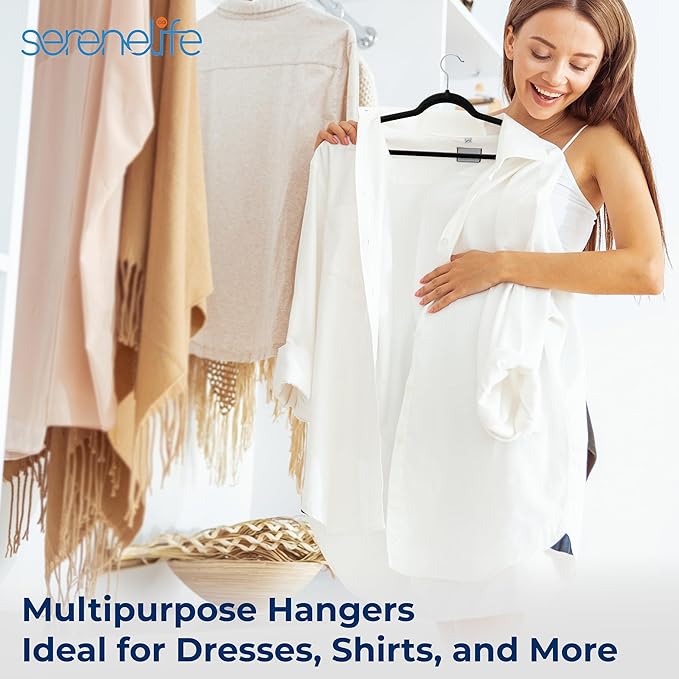 SereneLife 10 Pack Velvet Hangers – Non-Slip Clothes Hangers with Heavy Duty Design, Slim Space-Saving Coat Hangers with 360° Swivel Hook, Strong Lightweight Closet Organizer Set for Clothes (Black)