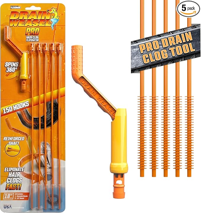 FlexiSnake Pro Drain Weasel Sink Snake Cleaner with New Molded Tip - 18″ - Drain Snake Clog Remover Tool with Rotating Handle & 5 Wand Refills - Easy to Use on Drains & Grates - Made in USA - 5-Pack