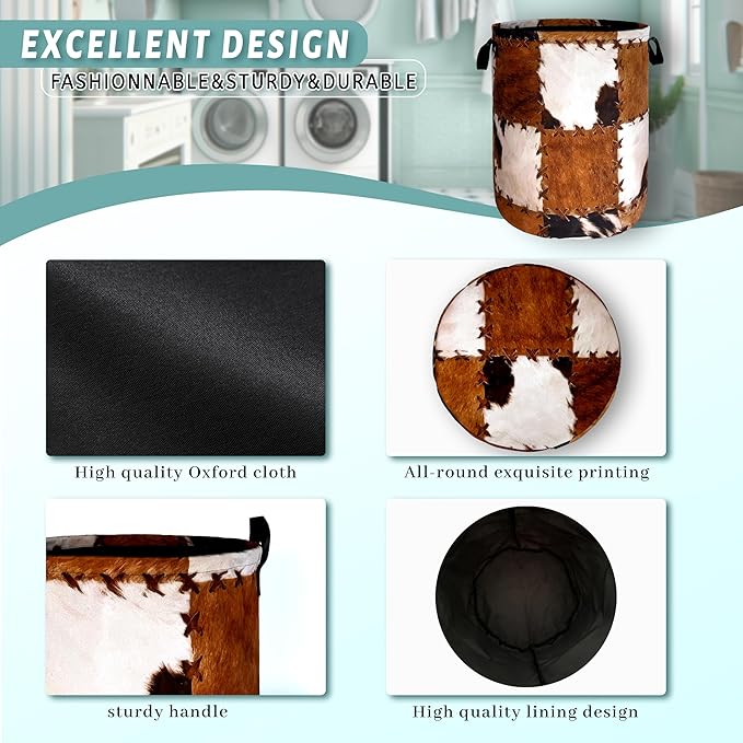 Retro Cows Print Laundry Basket Cow Cowhide Brown Funny Laundry Hamper Foldable Oxford Cloth Animal Tote Bag Clothe Toy Storage Bucket 18.9"x16.5"For Bathroom/Laundry Storage/Bedroom