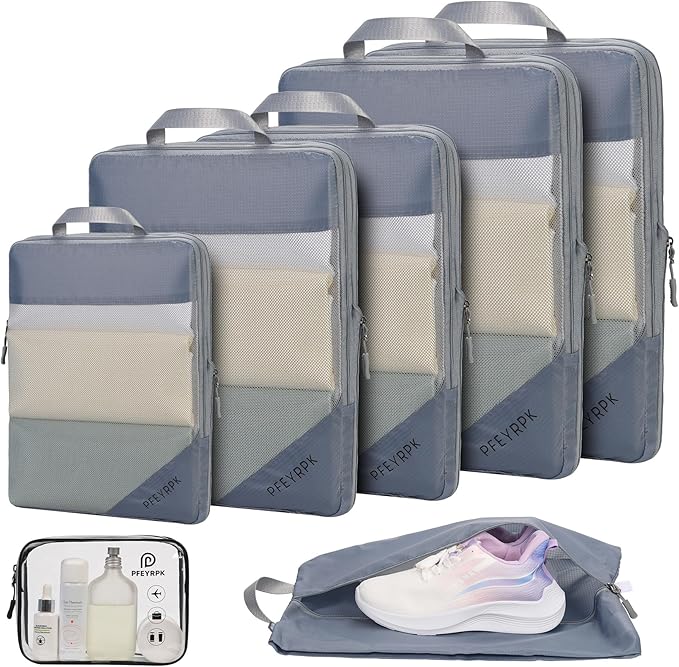 Lightweight Compression Packing Cubes for Suitcases, Compressible Expandable Travel Packing Organizer with Clear Toiletries and Backpack Bag, Travel Essentials for Carry on Luggage 7 Set