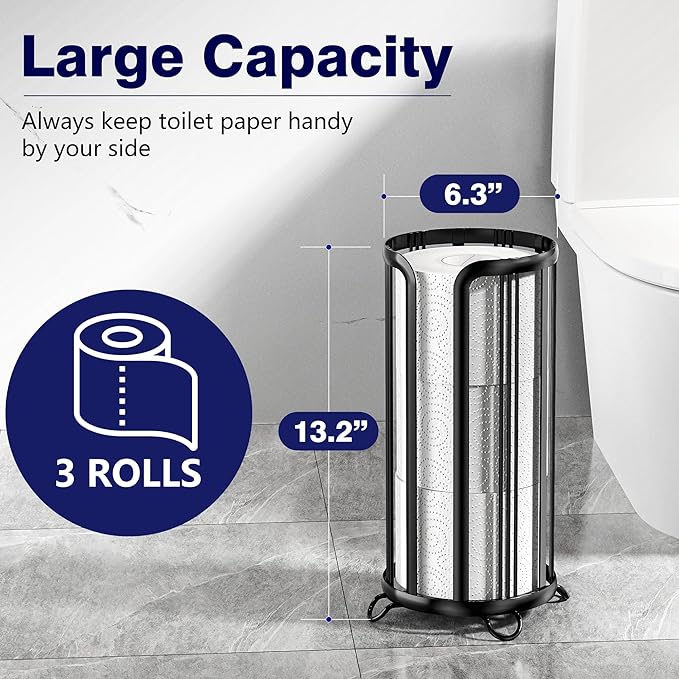 Toilet Paper Holder Stand, Freestanding Toilet Tissue Organizer, Minimalistic Storage Solution, Reserve Mega Rolls- Black